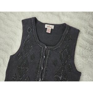 Worthington Womens Beaded Sweater Vest Small Black Ramie Cotton Button Up...